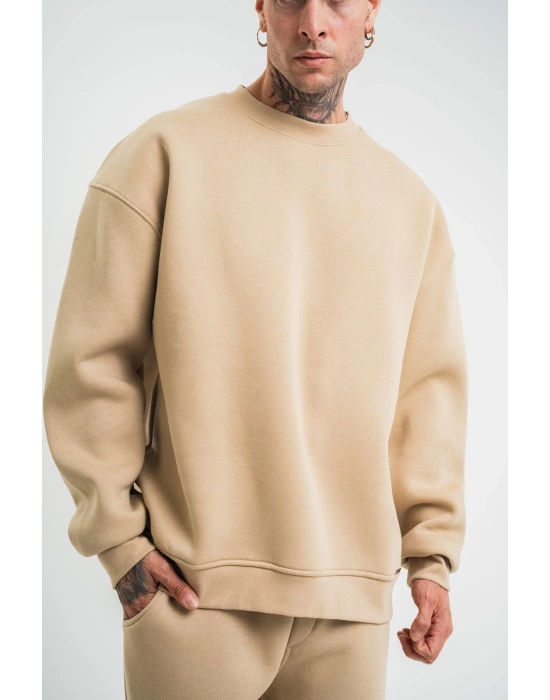 Erkek Uzun Kol Bisiklet Yaka 3 iplik Pamuklu Kışlık SweatShirt  - Bej