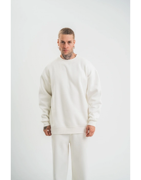 Erkek Uzun Kol Bisiklet Yaka 3 iplik Pamuklu Kışlık SweatShirt  - Beyaz