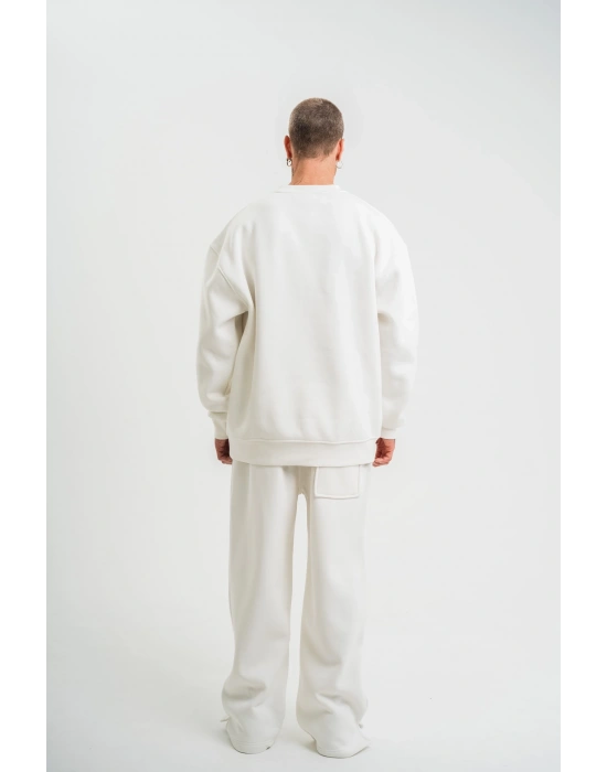 Erkek Uzun Kol Bisiklet Yaka 3 iplik Pamuklu Kışlık SweatShirt  - Beyaz