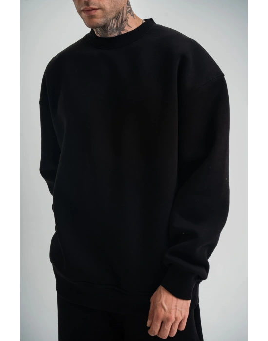 Erkek Uzun Kol Bisiklet Yaka 3 iplik Pamuklu Kışlık SweatShirt - Siyah