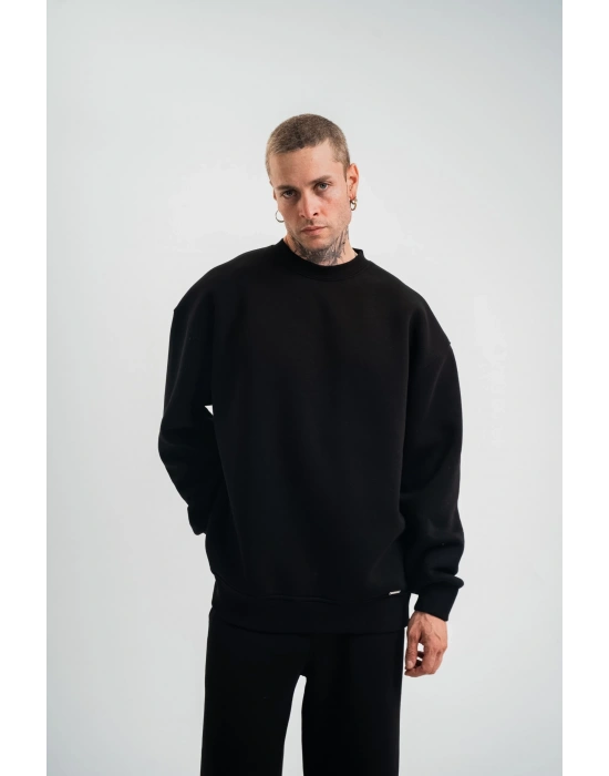 Erkek Uzun Kol Bisiklet Yaka 3 iplik Pamuklu Kışlık SweatShirt - Siyah