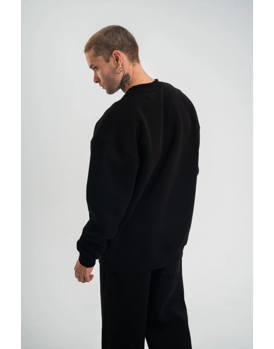 Erkek Uzun Kol Bisiklet Yaka 3 iplik Pamuklu Kışlık SweatShirt - Siyah