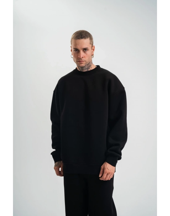 Erkek Uzun Kol Bisiklet Yaka 3 iplik Pamuklu Kışlık SweatShirt - Siyah