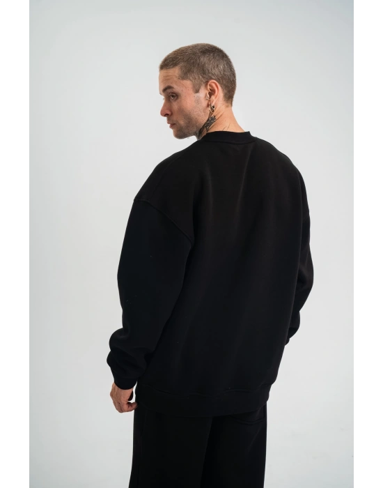 Erkek Uzun Kol Bisiklet Yaka 3 iplik Pamuklu Kışlık SweatShirt - Siyah