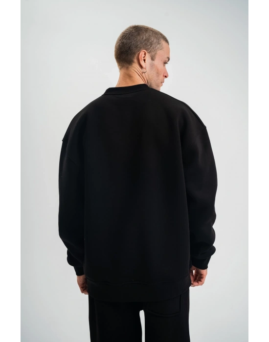 Erkek Uzun Kol Bisiklet Yaka 3 iplik Pamuklu Kışlık SweatShirt - Siyah