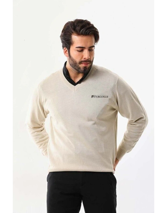 Erkek V Yaka Kazak Baskılı Dokuma Triko - Bej