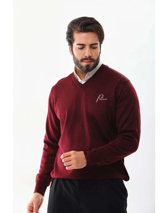 Erkek V Yaka Kazak Baskılı Dokuma Triko - Bordo