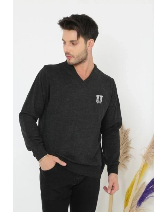 Erkek V Yaka Kazak Baskılı Dokuma Triko - Füme