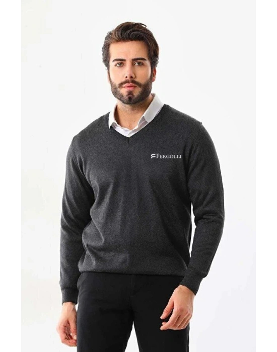 Erkek V Yaka Kazak Baskılı Dokuma Triko - Füme