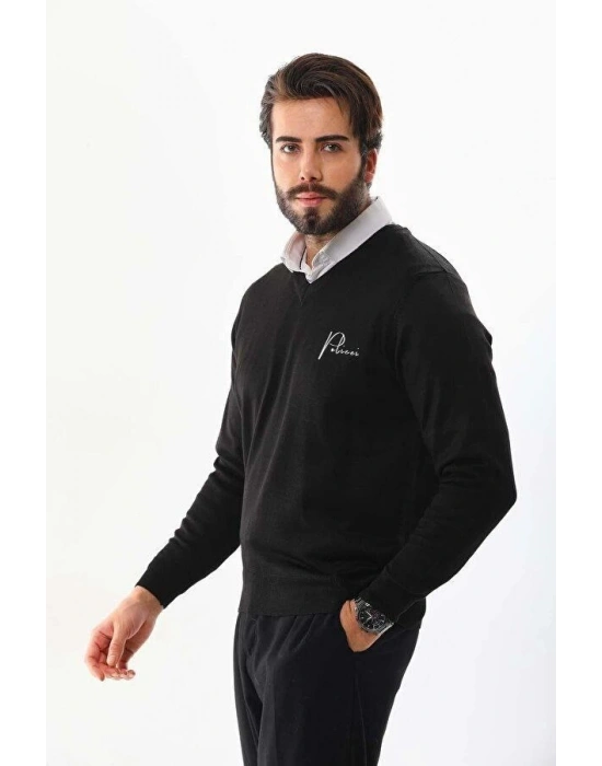 Erkek V Yaka Kazak Baskılı Dokuma Triko - Siyah