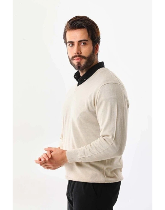 Erkek V Yaka Kazak Uzun Kol Düz Dokuma Triko - Krem