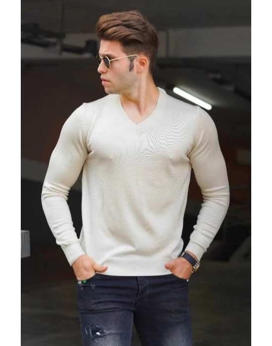 Erkek V Yaka Kazak Uzun Kol Düz Dokuma Triko - Krem