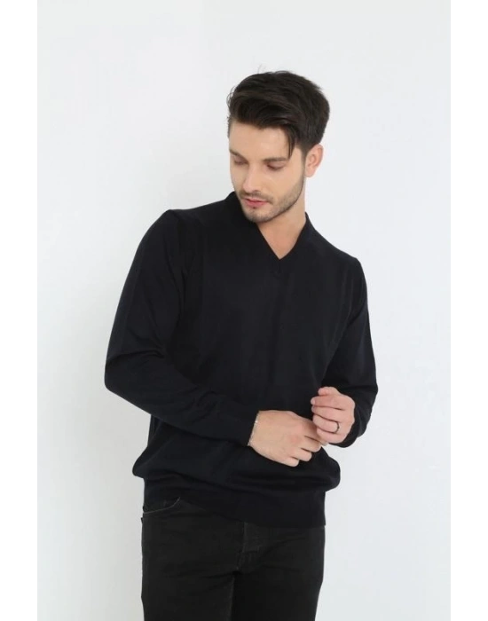 Erkek V Yaka Kazak Uzun Kol Düz Dokuma Triko - Siyah