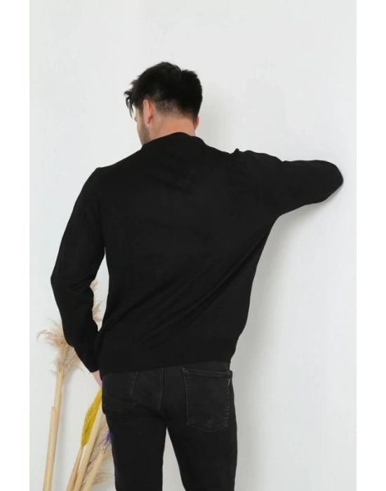 Erkek V Yaka Kazak Uzun Kol Düz Dokuma Triko - Siyah
