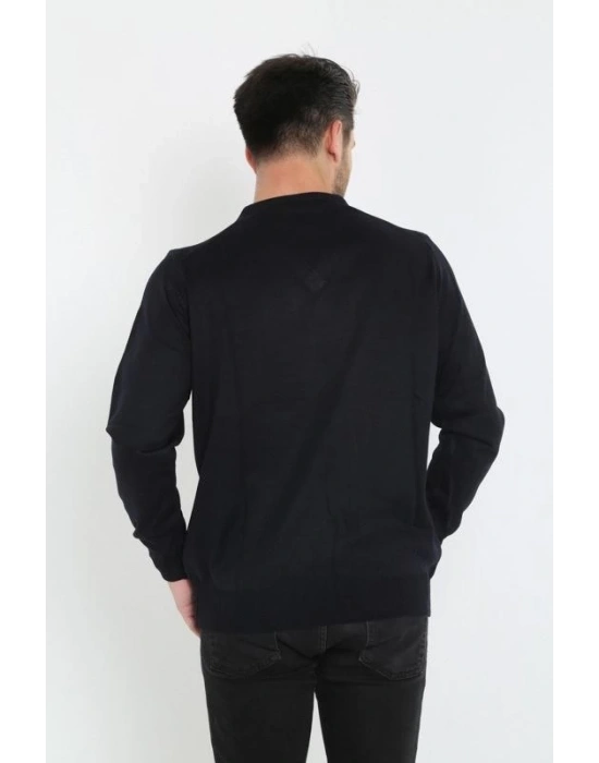 Erkek V Yaka Kazak Uzun Kol Düz Dokuma Triko - Siyah