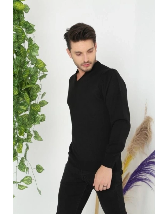 Erkek V Yaka Kazak Uzun Kol Düz Dokuma Triko - Siyah
