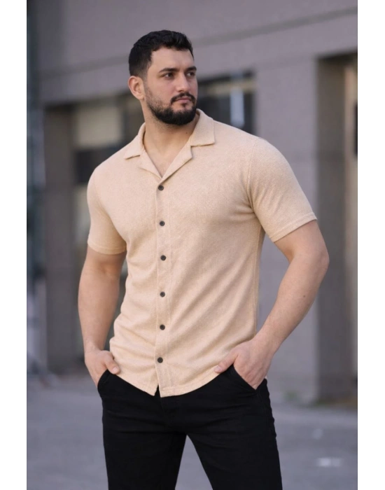 Erkek Waffle Dokuma Kumaş Açık Yakalı Düğmeli Gömlek 2’li Set Haki-Bej