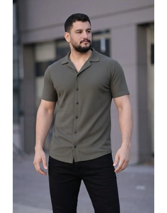 Erkek Waffle Dokuma Kumaş Açık Yakalı Düğmeli Gömlek 2’li Set Haki-Bej