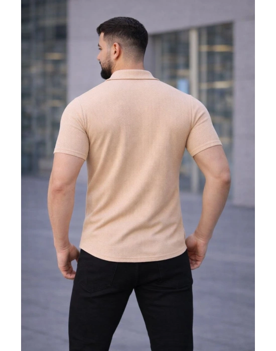 Erkek Waffle Dokuma Kumaş Açık Yakalı Düğmeli Gömlek 2’li Set Haki-Bej
