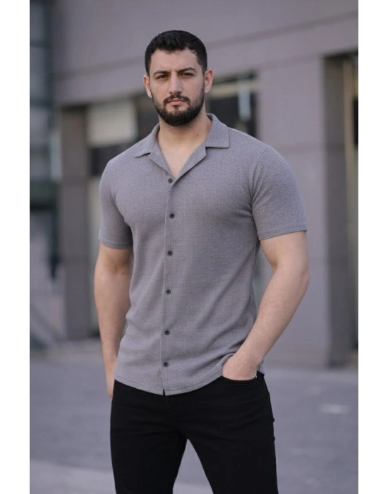 Erkek Waffle Kumaş Açık Yakalı Düğmeli Regular Fit Gömlek 2’li Set Lacivert-Gri