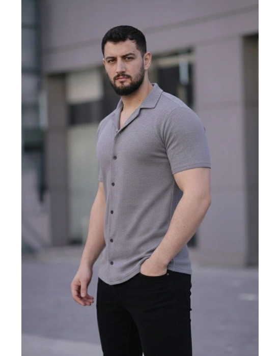 Erkek Waffle Kumaş Açık Yakalı Düğmeli Regular Fit Gömlek 2’li Set Lacivert-Gri