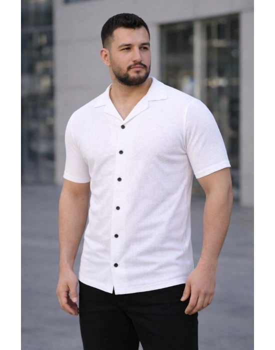 Erkek Waffle Kumaş Açık Yakalı Düğmeli Regular Fit Gömlek 2’li Set Siyah-Beyaz
