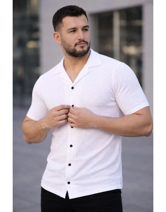 Erkek Waffle Kumaş Açık Yakalı Düğmeli Regular Fit Gömlek 2’li Set Siyah-Beyaz