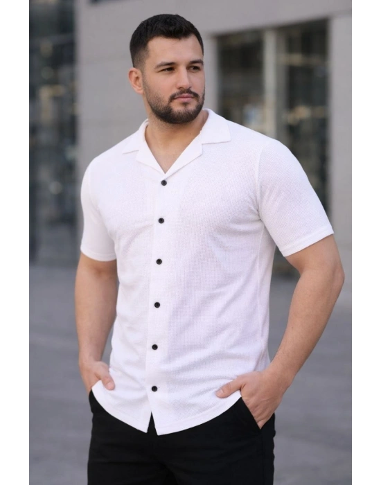 Erkek Waffle Kumaş Açık Yakalı Düğmeli Regular Fit Gömlek 2’li Set Siyah-Beyaz