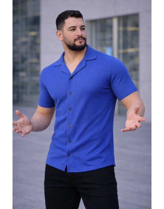 Erkek Waffle Kumaş Açık Yakalı Düğmeli Regular Fit Gömlek 2’li Set Siyah-Saks Mavisi