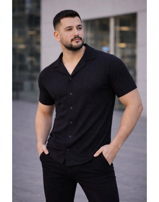 Erkek Waffle Kumaş Açık Yakalı Düğmeli Regular Fit Gömlek 2’li Set Siyah-Saks Mavisi