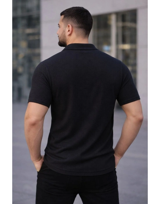 Erkek Waffle Kumaş Açık Yakalı Düğmeli Regular Fit Gömlek 2’li Set Siyah-Saks Mavisi