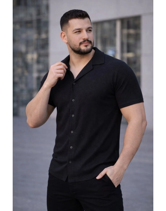 Erkek Waffle Kumaş Açık Yakalı Düğmeli Regular Fit Gömlek 2’li Set Siyah-Saks Mavisi