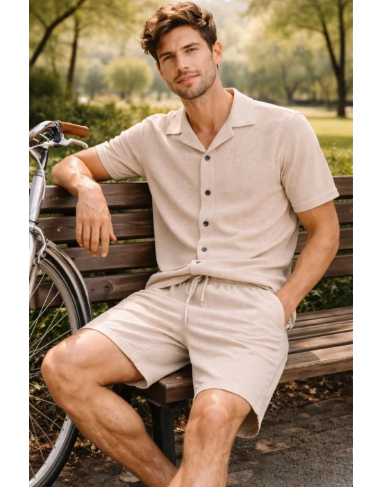 Erkek Waffle Kumaş Kısa Kol Gömlek Şort Takım Regular Yazlık İkili Set - Bej