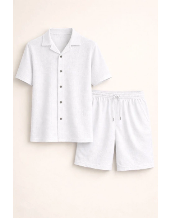 Erkek Waffle Kumaş Kısa Kol Gömlek Şort Takım Regular Yazlık İkili Set - Beyaz