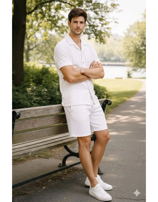 Erkek Waffle Kumaş Kısa Kol Gömlek Şort Takım Regular Yazlık İkili Set - Beyaz