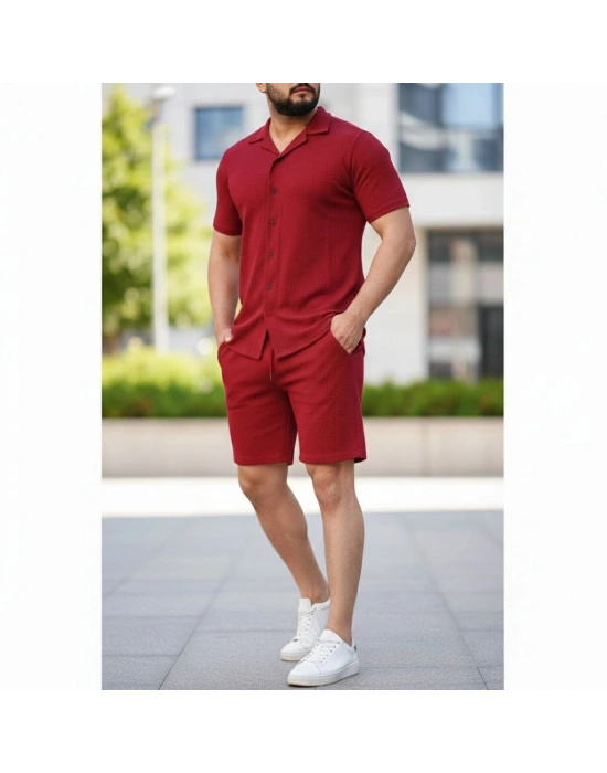 Erkek Waffle Kumaş Kısa Kol Gömlek Şort Takım Regular Yazlık İkili Set - Bordo