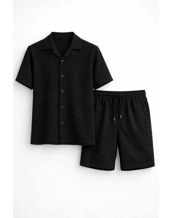 Erkek Waffle Kumaş Kısa Kol Gömlek Şort Takım Regular Yazlık İkili Set - Siyah