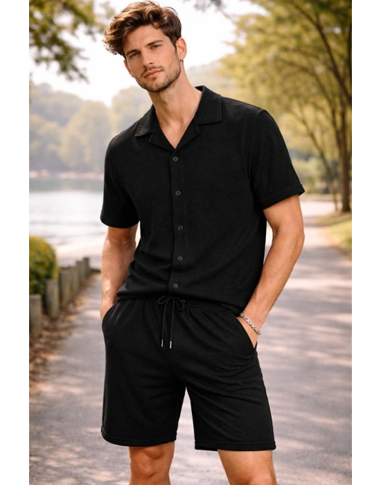 Erkek Waffle Kumaş Kısa Kol Gömlek Şort Takım Regular Yazlık İkili Set - Siyah