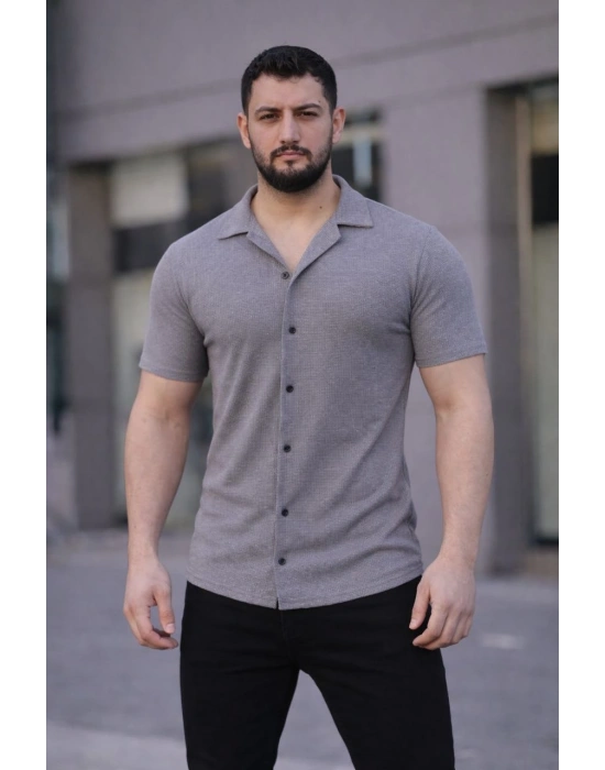 Erkek Waffle Kumaş Kısa Kollu Düğmeli Açık Yaka Regular Fit Gömlek - Gri
