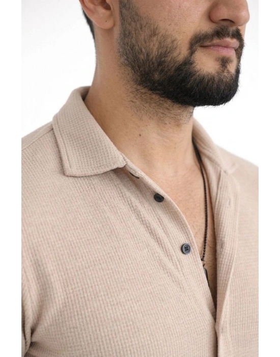 Erkek Waffle Kumaş Uzun Kollu Düğmeli Açık Yaka Regular Fit Gömlek - Bej