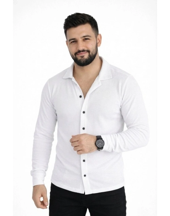 Erkek Waffle Kumaş Uzun Kollu Düğmeli Açık Yaka Regular Fit Gömlek - Beyaz