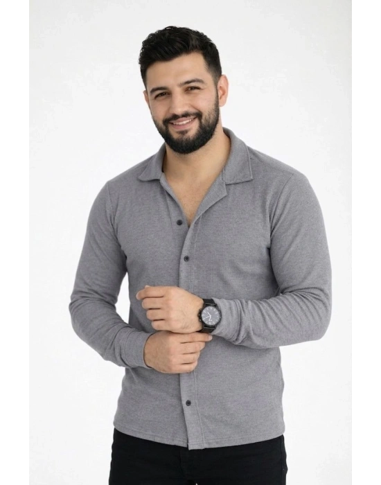 Erkek Waffle Kumaş Uzun Kollu Düğmeli Açık Yaka Regular Fit Gömlek - Füme