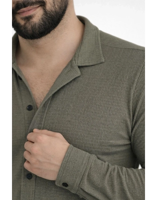 Erkek Waffle Kumaş Uzun Kollu Düğmeli Açık Yaka Regular Fit Gömlek - Haki