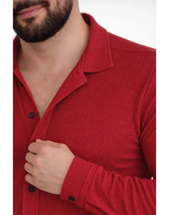 Erkek Waffle Kumaş Uzun Kollu Düğmeli Açık Yaka Regular Fit Gömlek - Kırmızı