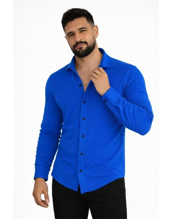 Erkek Waffle Kumaş Uzun Kollu Düğmeli Açık Yaka Regular Fit Gömlek - Saks Mavisi