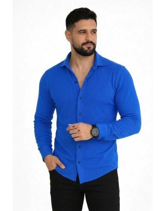 Erkek Waffle Kumaş Uzun Kollu Düğmeli Açık Yaka Regular Fit Gömlek - Saks Mavisi