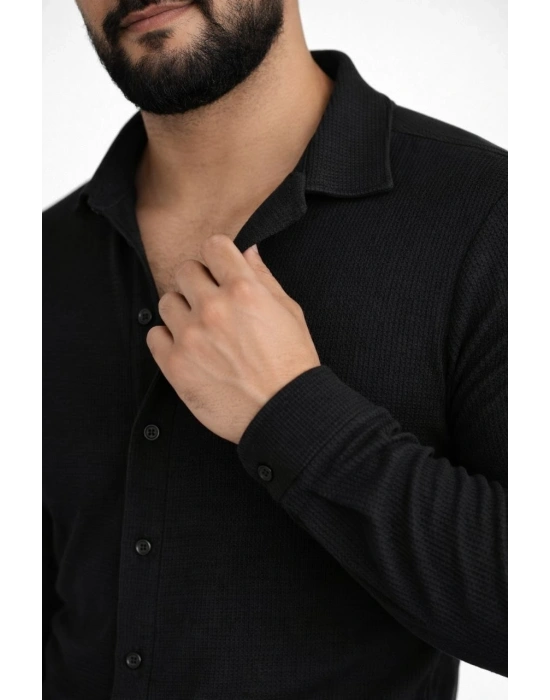 Erkek Waffle Kumaş Uzun Kollu Düğmeli Açık Yaka Regular Fit Gömlek - Siyah