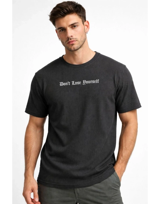 Erkek Wafıl Kumaş Tişört Regular Kalıp Bisiklet Yaka Baskılı T-Shirt - Siyah