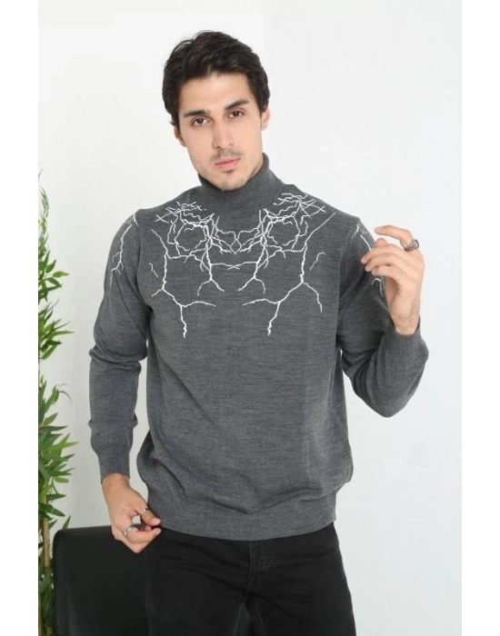 Erkek Yarım Bağazlı Kazak Baskılı Dokuma Triko - Antrasit