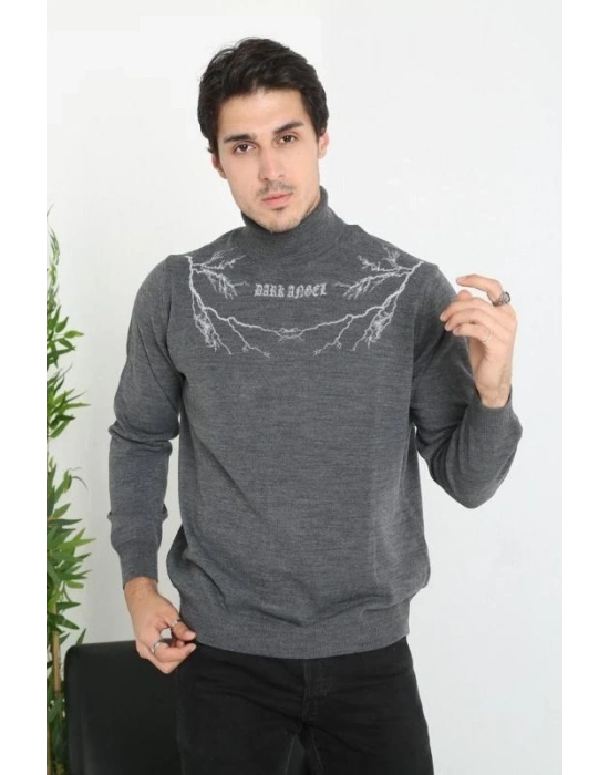 Erkek Yarım Bağazlı Kazak Baskılı Dokuma Triko - Antrasit